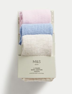 M&S Girl's 3pk Cotton Rich Ribbed Tights (0-3 Yrs) - 0-6 M - Multi, Multi,Light Pink Mix