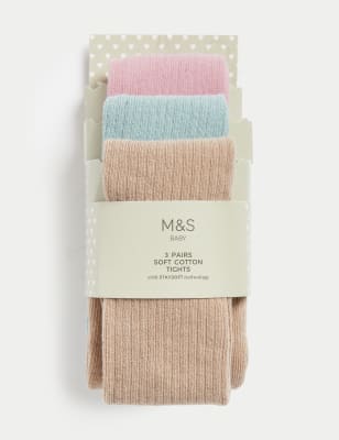 M&S Girls 3pk Cotton Rich Ribbed Tights (0 Mths - 3 Yrs) - 6-12M - Multi, Multi