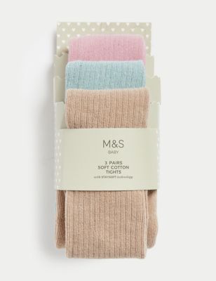 M&S Girls 3pk Cotton Rich Ribbed Tights (0 Mths - 3 Yrs) - 6-12M - Multi, Multi