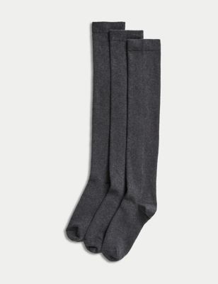 M&S Girls 3pk Cotton Rich Over the Knee Socks - 8-12 - Grey, Grey,Navy,Black