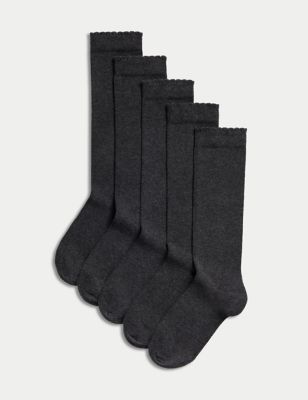 M&S Girl's 5pk of Knee High Socks - 8-12 - Grey, Grey,Black,White,Navy