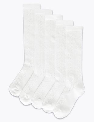 M&S Girls 5pk of Knee High Pelerine Socks - 6-8+ - White, White