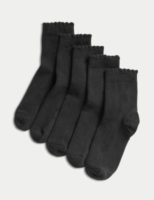 M&S Girls 5pk of Short Picot Socks - 12+3+ - Black, Black,White