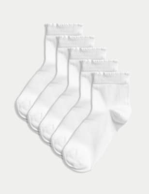 M&S Girl's 5pk of Short Picot Socks - 6-8+ - White, White,Black