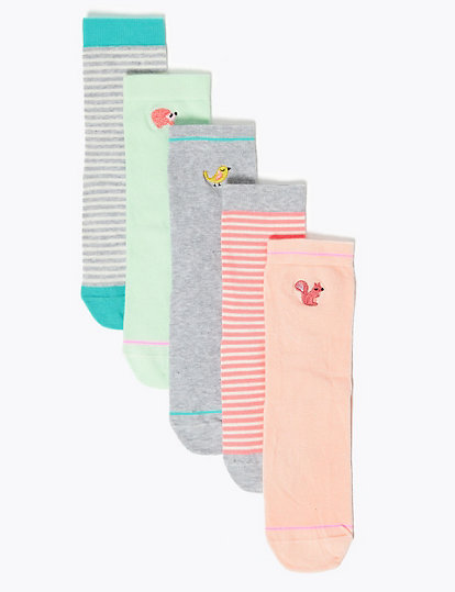 5pk Cotton Embroidered Woodland Socks