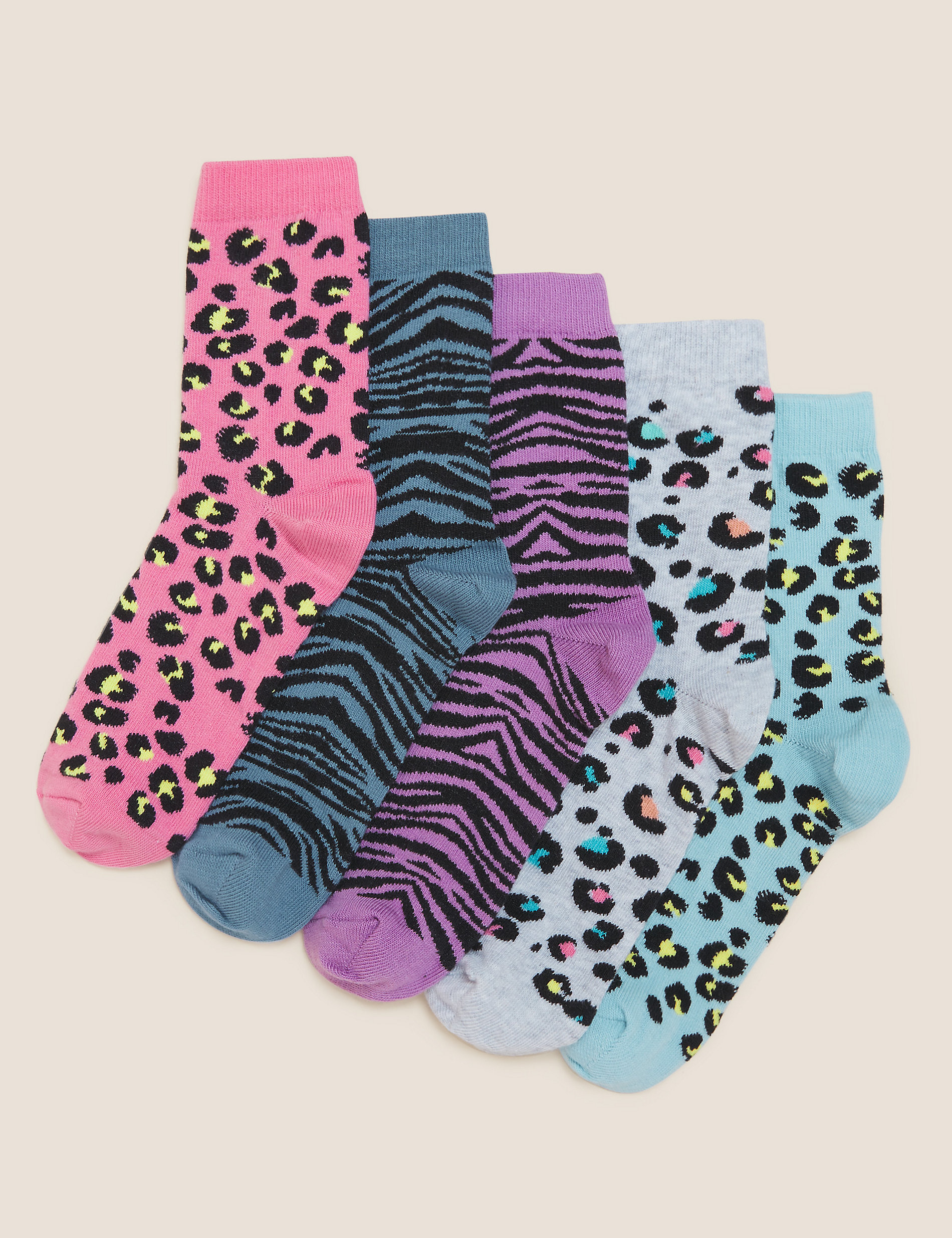 ANIMAL PRINT RICH COTTON ANKLE SOCKS 5 PACK GIRL'S ASSORTED UNICORN 