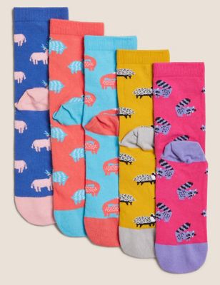 M&S Girls 5pk Cotton Rich Animal Socks