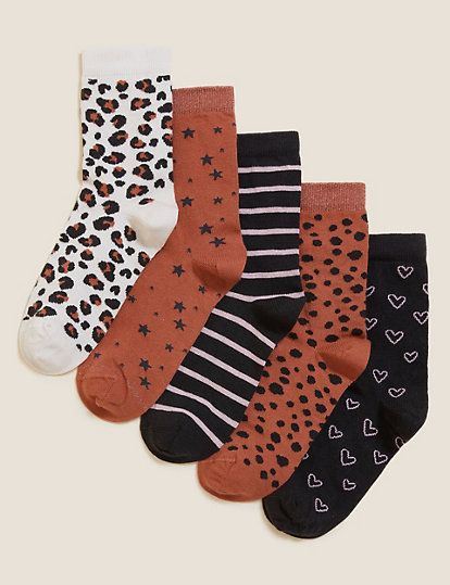 5pk Cotton Rich Leopard Socks