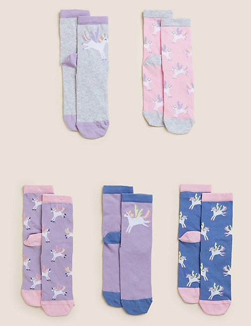 Marks And Spencer Girls M&S Collection 5pk Cotton Rich Unicorn Socks - Multi, Multi