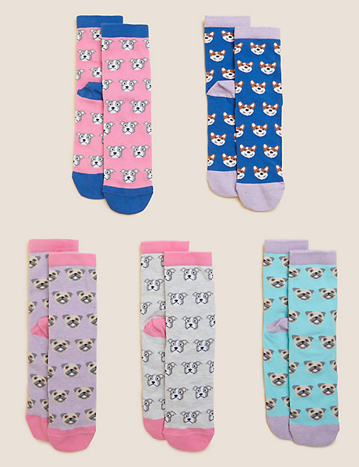 Marks And Spencer Girls M&S Collection 5pk Cotton Blend Dog Print Socks - Multi, Multi