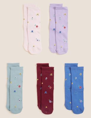 Marks And Spencer Girls M&S Collection 5pk Cotton Rich Floral Socks - Multi, Multi