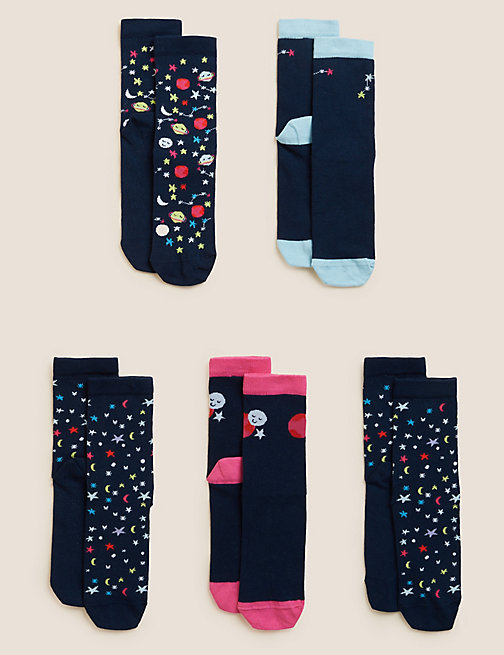 Marks And Spencer Girls M&S Collection 5pk Cotton Rich Space Socks - Multi, Multi