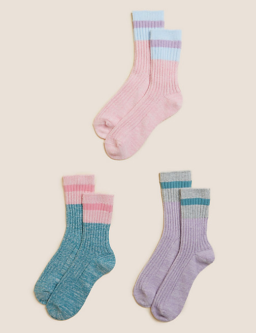 Marks And Spencer Girls M&S Collection 3pk Cotton Rich Colour Block Socks - Multi, Multi