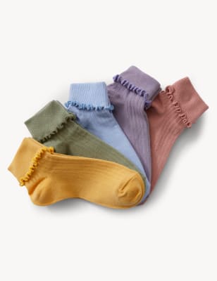 

M&S Collection Pack de 5 pares de calcetines de algodón con volantes - Multi, Multi