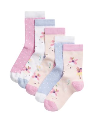 M&S Girls 5pk Cotton Rich Floral & Spotty Socks - 6-8+ - Multi, Multi