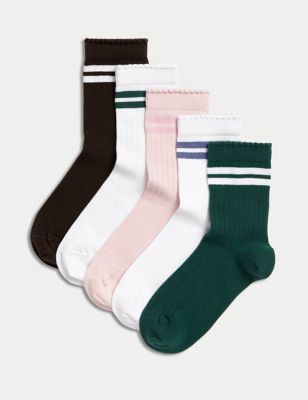 M&S Girl's 5pk Cotton Rich Striped Sports Ribbed Socks (6 Small - 7 Large) - 6-8+ - Multi, Multi