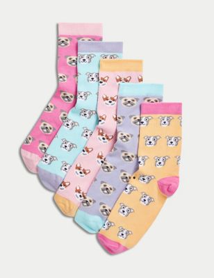 M&S Girl's 5pk Cotton Rich Dog Socks - 12+3+ - Multi, Multi
