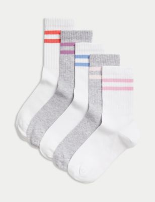 M&S Girl's 5pk Cotton Rich Ankle Ribbed Stripe Socks (6 Small -7 Large) - 12+3+ - Multi, Multi