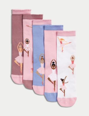 M&S Girl's 5pk Cotton Rich Ballerina Socks (6 Small - 7 Large) - 8-12 - Multi, Multi