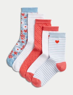 M&S Girls 5pk Cotton Rich Assorted Socks (6 Small - 7 Large) - 12+3+ - Multi, Multi