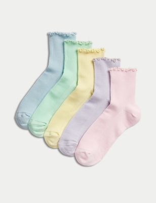 M&S Girl's 5pk Cotton Rich Ribbed Socks (6 Small - 7 Large) - 12+3+ - Multi, Multi
