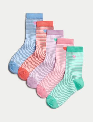 M&S Girl's 5pk Cotton Rich Striped Socks (6 Small - 7 Large) - Multi, Multi