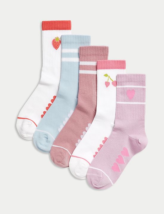 5pk Cotton Rich Ribbed Striped Heart Socks (6 Small -7 Large)