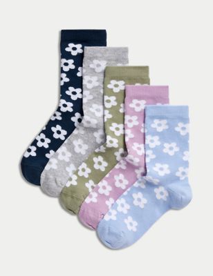 M&S Girl's 5pk Cotton Rich Floral Socks (6 Small - 7 Large) - 8-12 - Multi, Multi