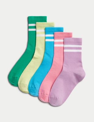 M&S 5pk Cotton Rich Ribbed Striped Socks (6 Small - 7 Large) - 6-8+ - Multi, Multi