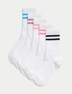 M&S 5pk Cotton Rich Ribbed Striped Socks (6 Small - 7 Large) - 6-8+ - White Mix, White Mix