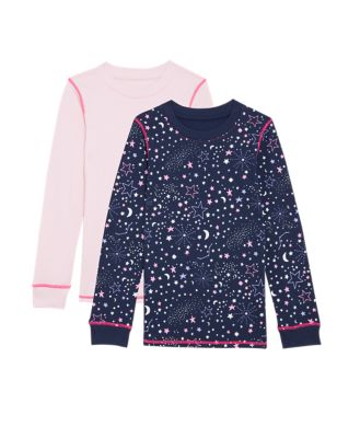 Girls M&S Collection 2pk Cotton Blend Star & Plain Thermal Vests (2-14 Yrs) - Pink Mix