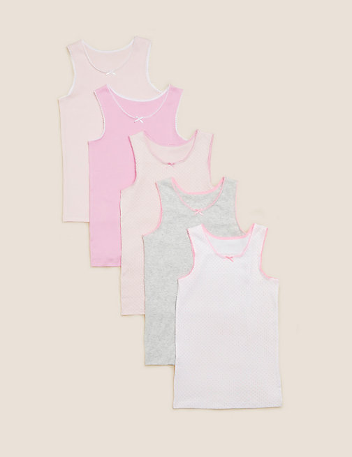 Marks And Spencer Girls M&S Collection 5pk Pure Cotton Spotted & Plain Vests (2-14 Yrs) - Pink Mix