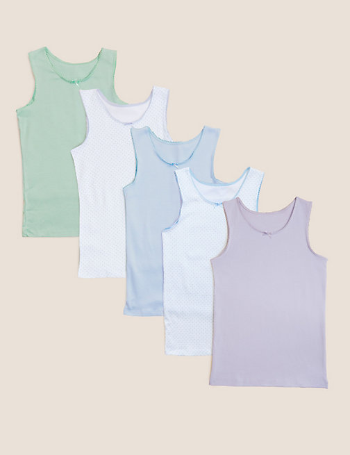 Marks And Spencer Girls M&S Collection 5pk Pure Cotton Spotted & Plain Vests (2-14 Yrs) - Multi, Multi