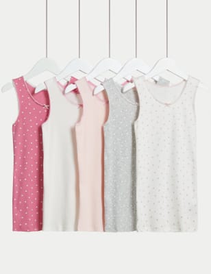 M&S Girls 5pk Pure Cotton Heart & Plain Vests (2-14 Yrs) - 2-3 Y - Pink Mix, Pink Mix