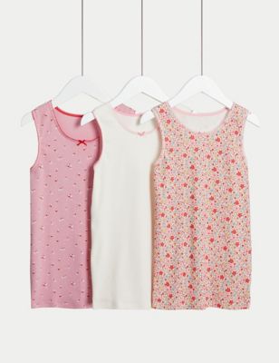 M&S Girls 3pk Pure Cotton Floral Vests (2-14 Yrs) - 13-14 - Pink Mix, Pink Mix