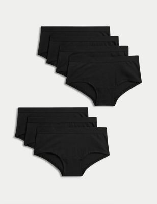 M&S Girl's 7pk Cotton with Stretch Shorts (5-16 Yrs) - 9-10Y - Black, Black