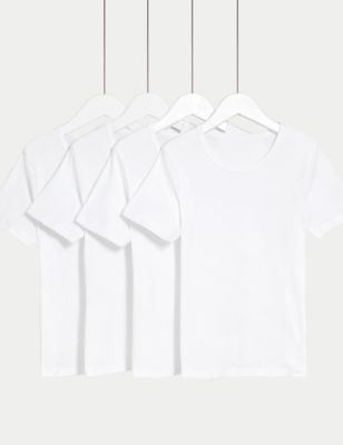 M&S Boys 4pk Pure Cotton Short Sleeve Vests (2-14 Yrs) - 7-8 Y - White, White