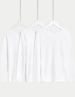 M&S Boys 3pk Pure Cotton Long Sleeve Vests (2-14 Yrs) - 2-3 Y - White, White