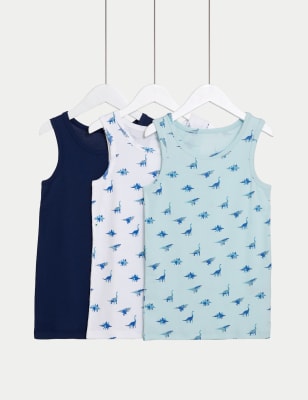 3pk Pure Cotton Dinosaur & Plain Vests (2-8 Yrs) - CA