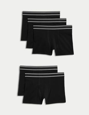M&S Boys 5pk Cotton with Stretch Trunks (5-16 Yrs) - 5-6 Y - Black, Black