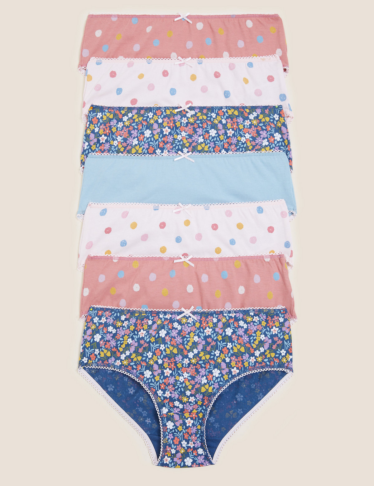 7pk Pure Cotton Floral and Spotty Knickers (1-16 Yrs)