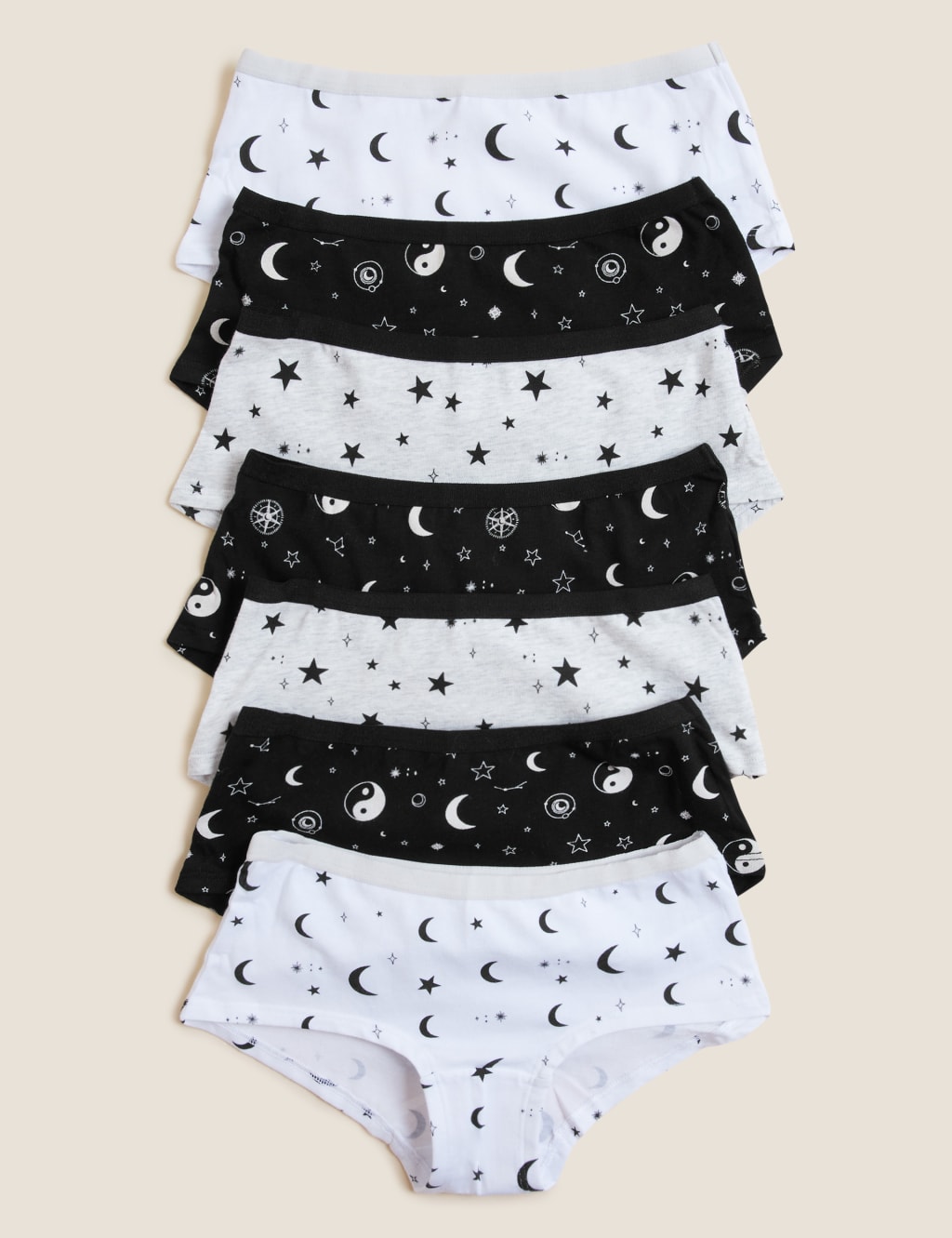 7pk Cotton Rich Stars & Moon Print Shorts (2-16 Yrs)