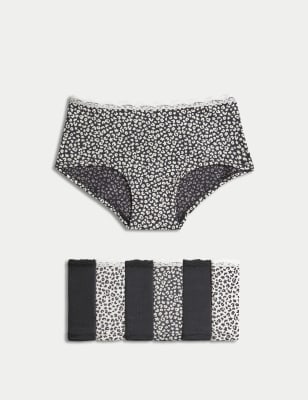 M&S Girls 7pk Cotton with Stretch Animal & Plain Shorts (5-16 Yrs) - 5-6 Y - Black Mix, Black Mix