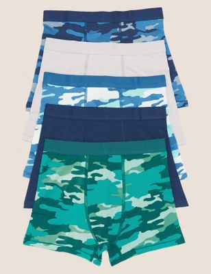 

Boys M&S Collection 5pk Cotton Rich with Stretch Camo Trunks (2-16 Yrs) - Blue Mix, Blue Mix