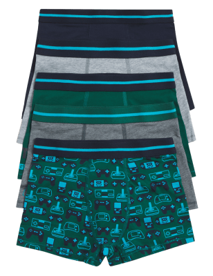 M&S Boys 5pk Cotton Rich with Stretch Game Print Trunks (2-16 Yrs)