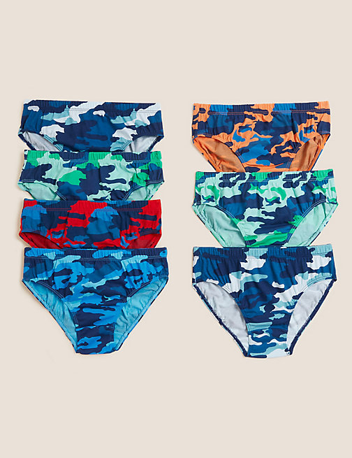 Marks And Spencer Boys M&S Collection 7pk Pure Cotton Camouflage Briefs (2-14 Yrs) - Navy Mix