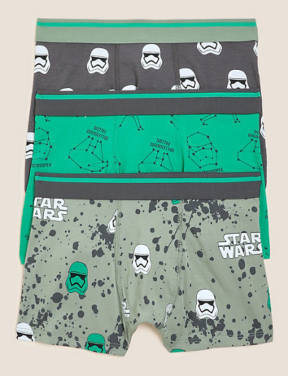 M&S Collection 3Pk Cotton Rich Star Wars™ Trunks (5-14 Yrs) - 9-10Y - Green Mix, Green Mix