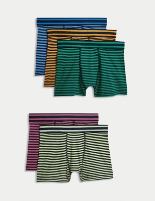 M&S Boys 5pk Cotton Rich Striped Trunks (5-16 Yrs) - 5-6 Y - Multi/Brights, Multi/Brights