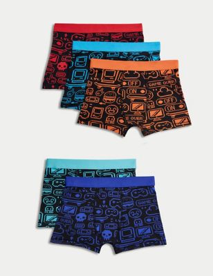 M&S Boy's 5pk Cotton with Stretch Gaming Trunks (5-16 Yrs) - 7-8 Y - Multi, Multi