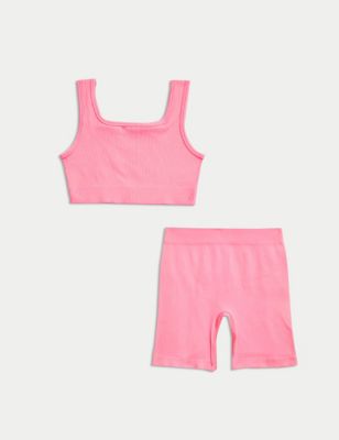 M&S Girls 2pc Ribbed Crop Top and Shorts Outfit (6-16 Yrs) - 9-11Y - Bubblegum, Bubblegum,Light Appl